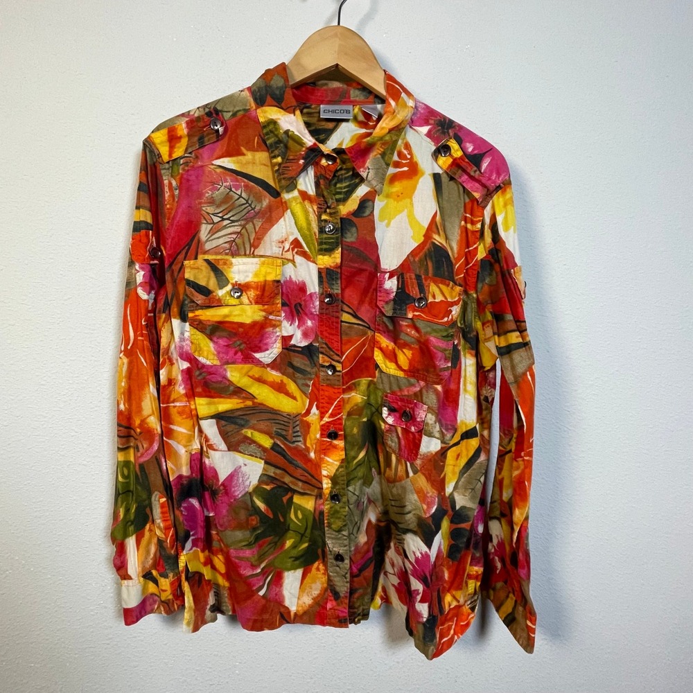 Chico's Tropical Floral Button Up Forest Fairy Shirt 2 Large Multicolor Coastal